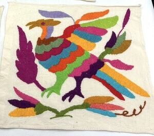 Vintage Otomi Tenango Hand Embroidered Bird Textile 9”